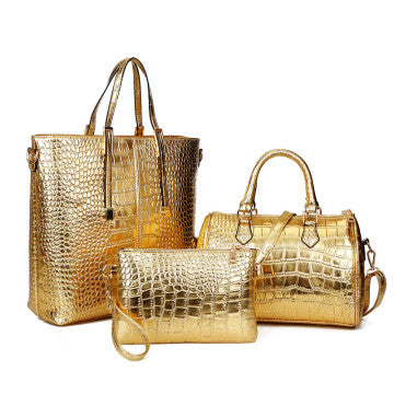 3Pcs Luxury Alligator Crocodile Women Leather Handbag Set Famous Brand Women Shoulder Bags Ladies Handbags Purse Clutch Bag Gold - Purses