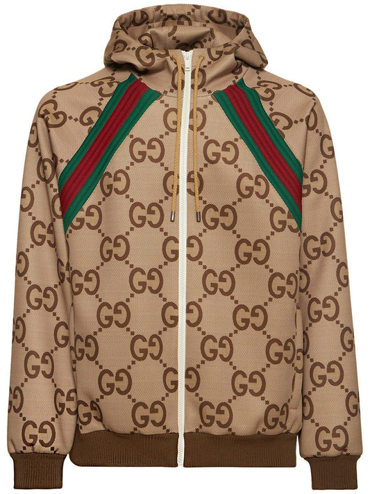 GUCCI gg Printed Tech Zip-Up Hoodie in Brown for Man's